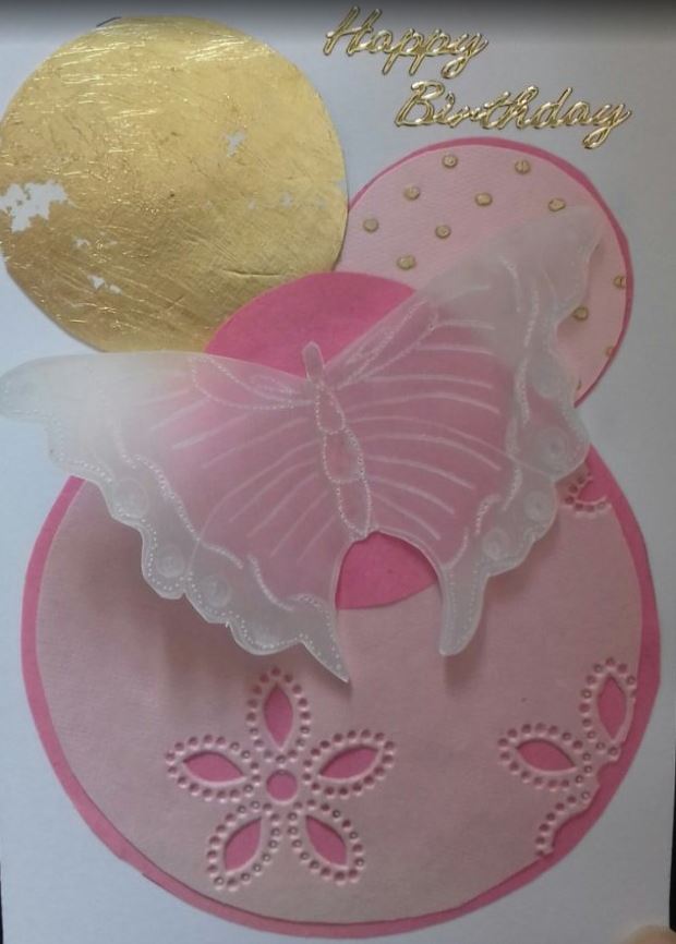 Handmade birthday card. 
pink and gold butterfly