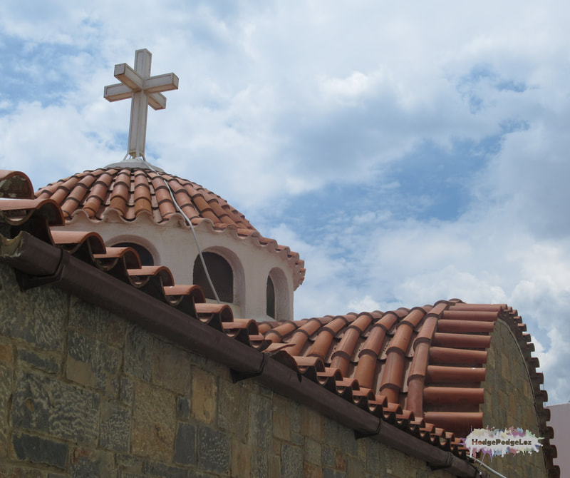 A photograph of the roof of a Greek Orthodox Church in Crete, Greece. 