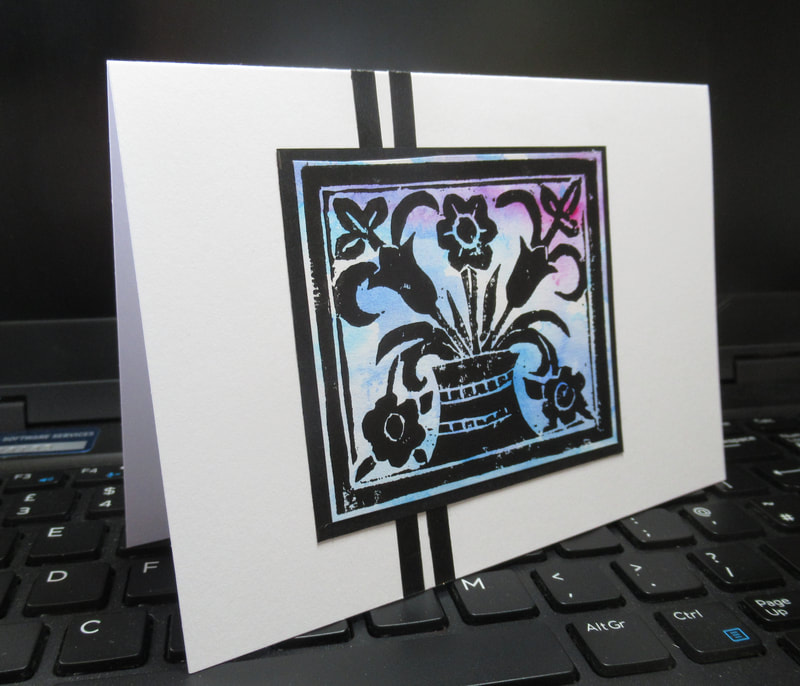 Handmade birthday card. 
lino print, black and blue floral