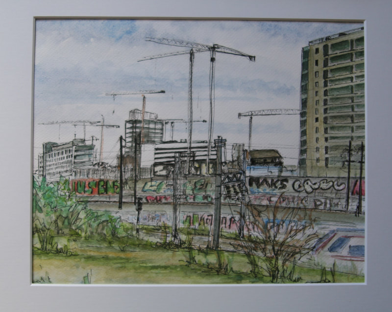 Watercolour and pen painting of building work on the outskirts of Madrid