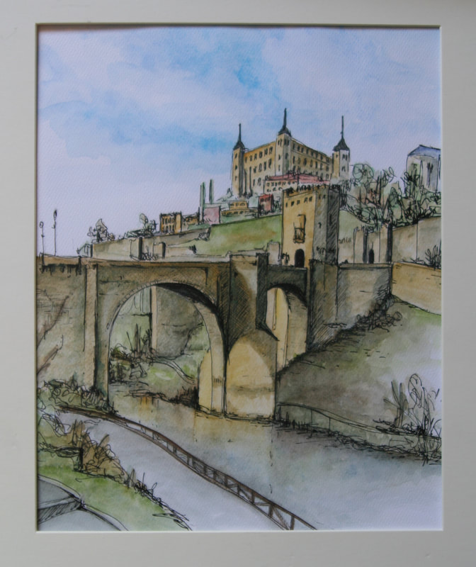 Watercolour and pen painting of Toledo, Spain. 