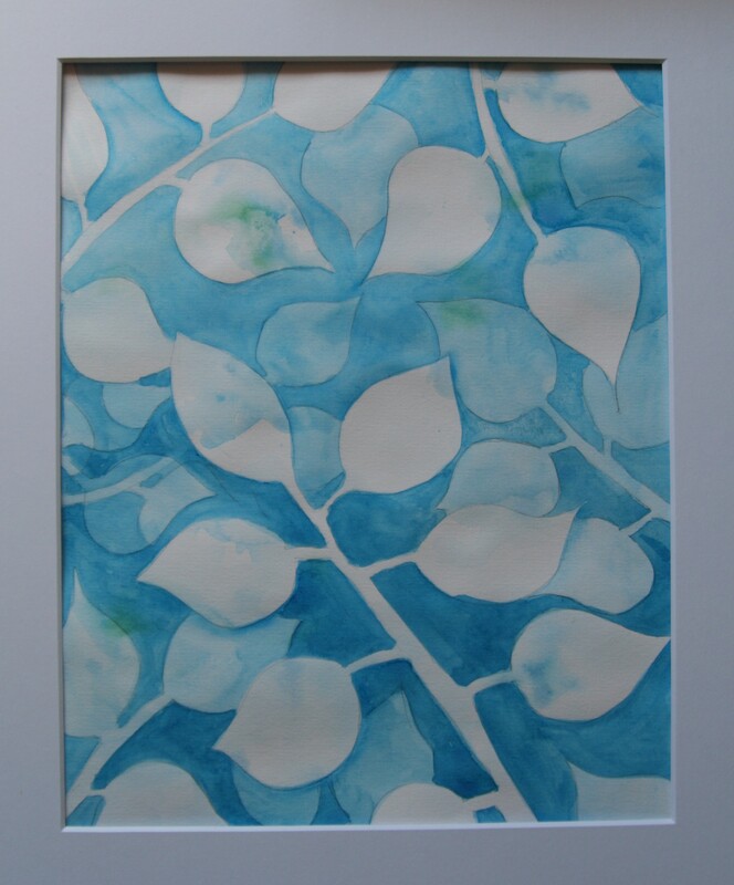 abstract painting of leaves in the colour blue 