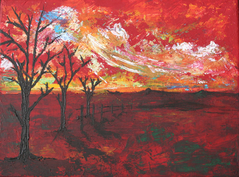 Acrylic painting of three trees on an Australian Bush landscape. Orange red